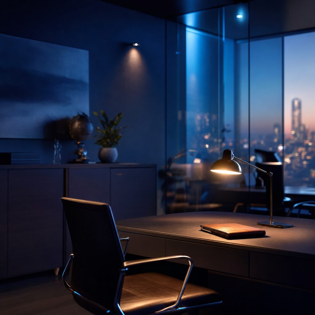 Calm consulting studio at dusk with a desk lamp