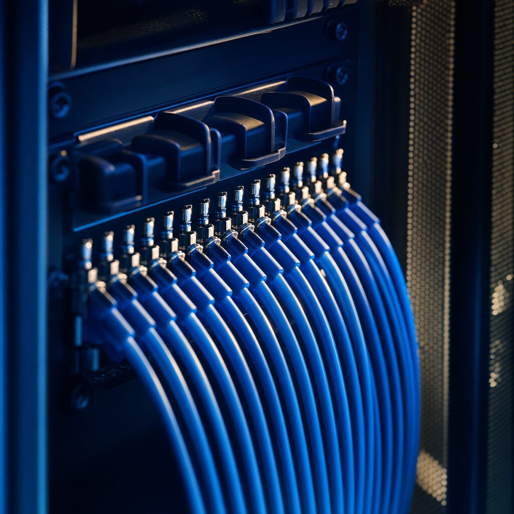 Cableado de red azul perfectamente ordenado entrando en un panel oscuro